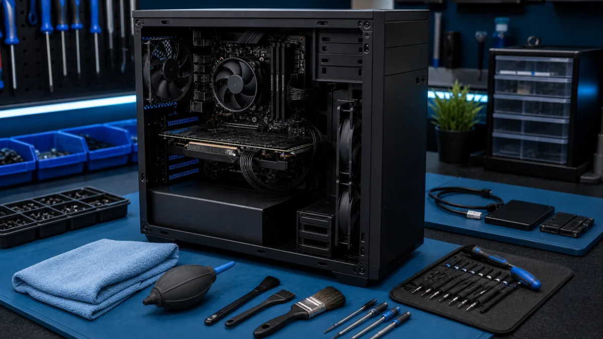 Technician maintenance checklist beside an opened desktop computer