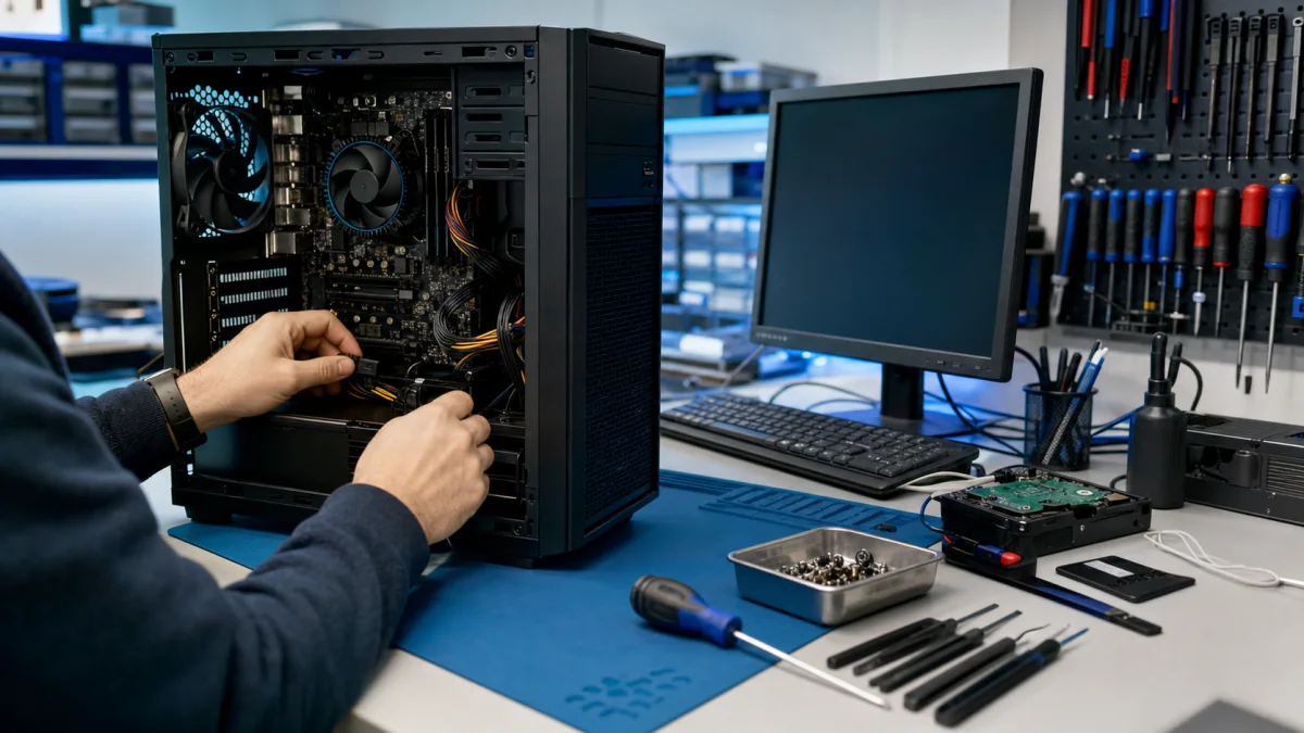 Computer repair workbench with an opened desktop PC at Bitmaster