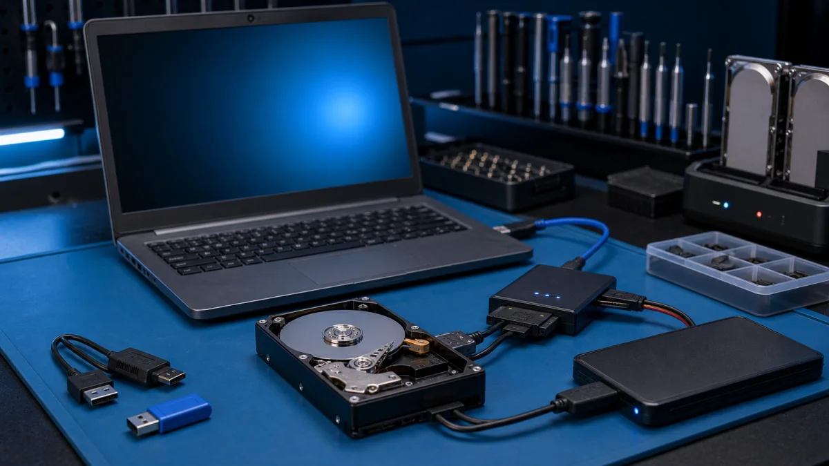 Data recovery from a hard drive on a professional repair bench