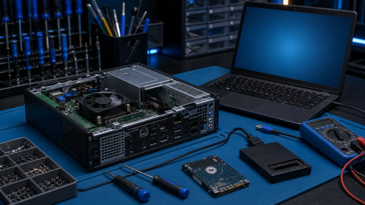 Dell-style laptop diagnostics in a Helsinki repair shop without logos