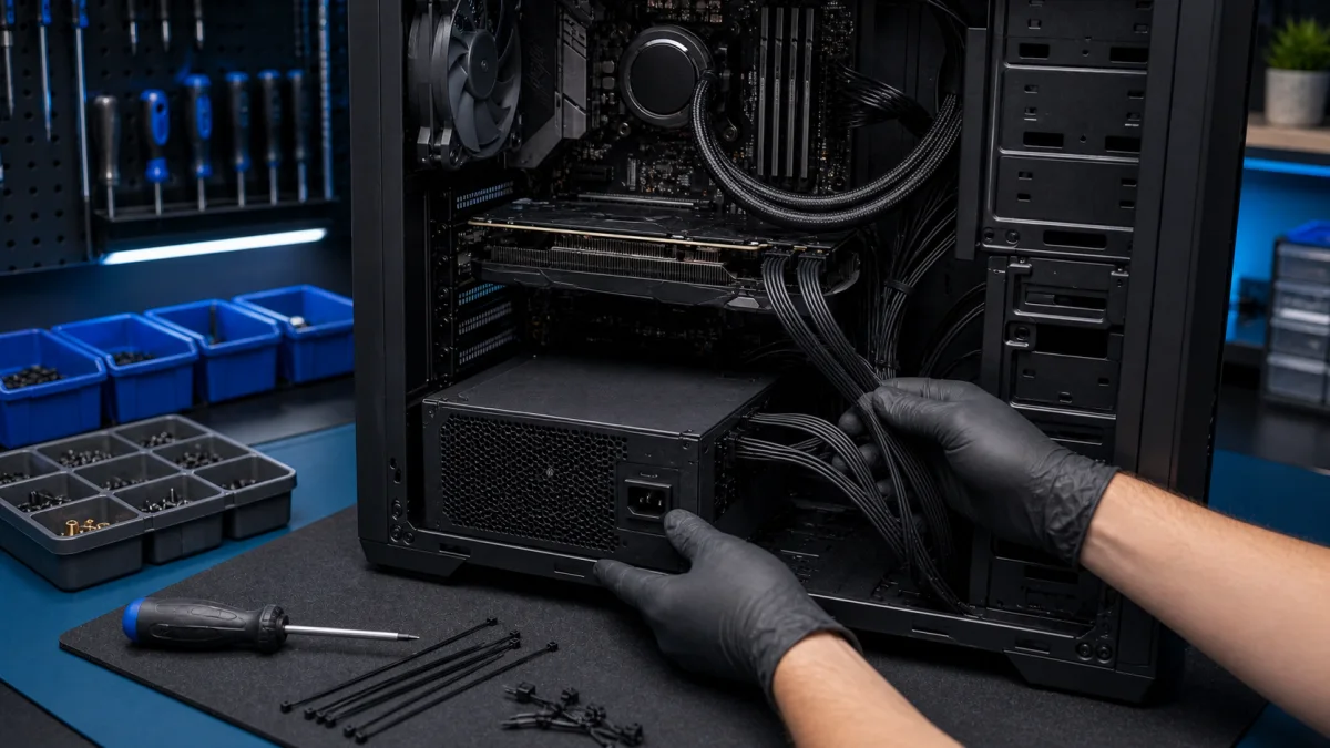 Desktop power supply installation with cable routing