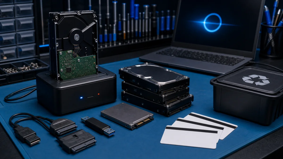 Secure hard disk erasure setup on a repair shop workbench