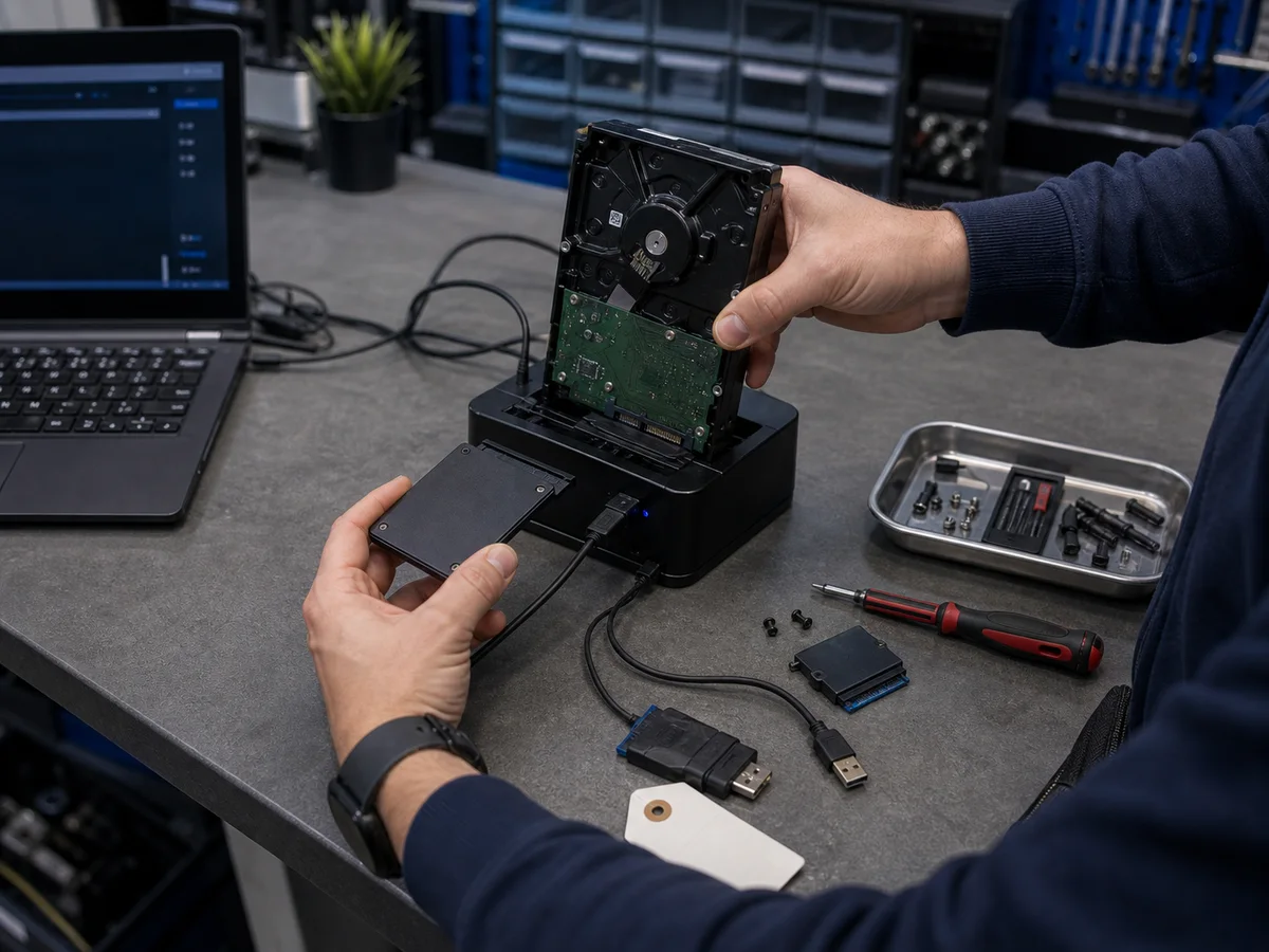 Secure erasure tools connected to storage drives on a repair bench