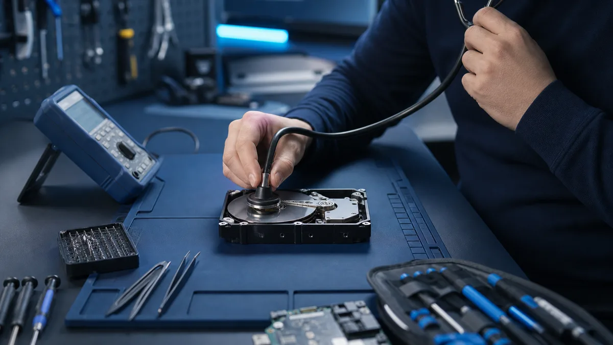 checking a clicking hard drive at a repair bench