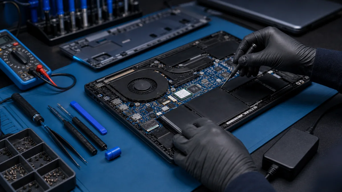 Laptop repair diagnostics on a clean Bitmaster service bench