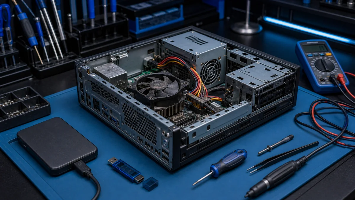 Medion-style computer repair in Helsinki on a clean workbench without logos