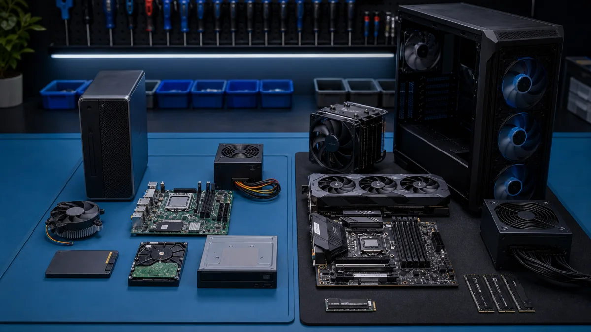 Office PC and gaming PC component comparison on a repair bench