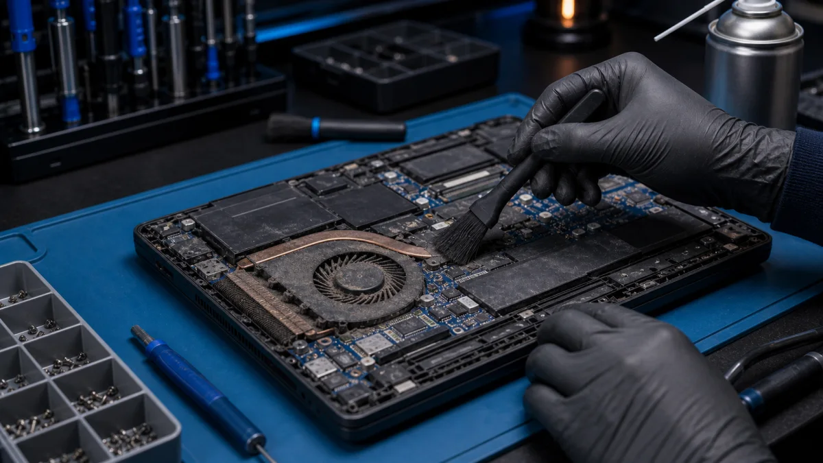 Overheating laptop repair with exposed cooling fan on a workbench