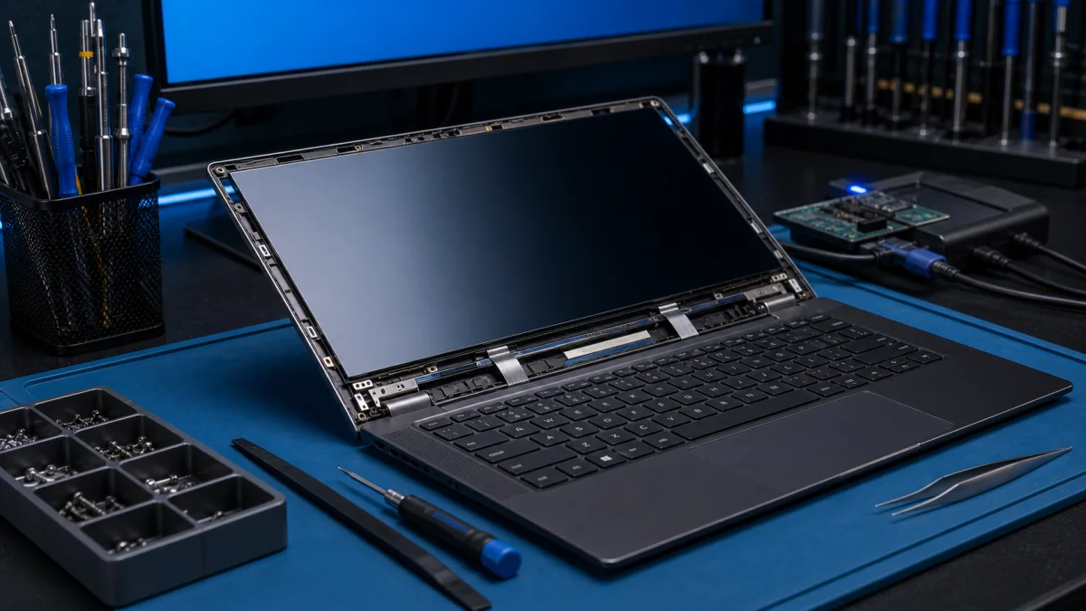 Samsung-style laptop repair in Helsinki on a clean workbench without logos