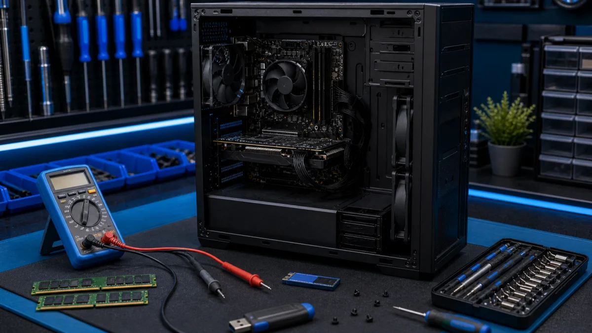 Computer troubleshooting with diagnostic tools on a repair bench