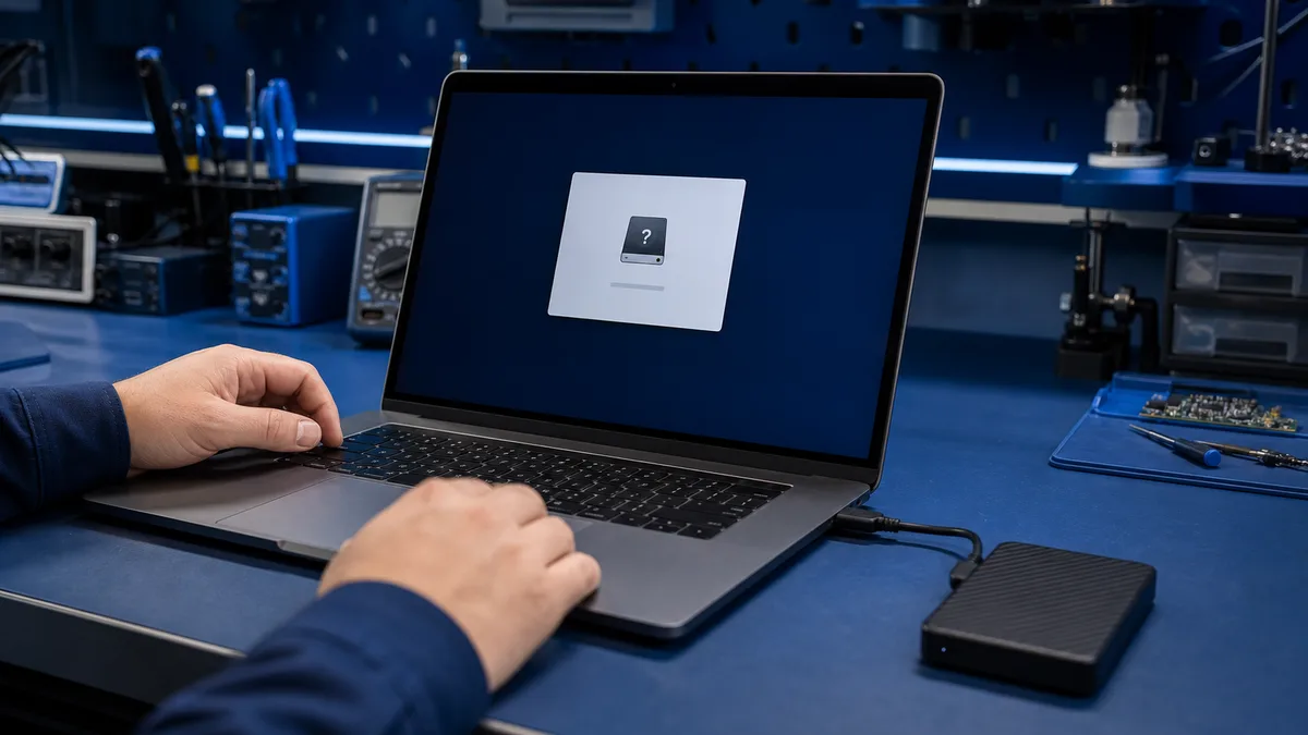 external drive and format prompt at a repair bench