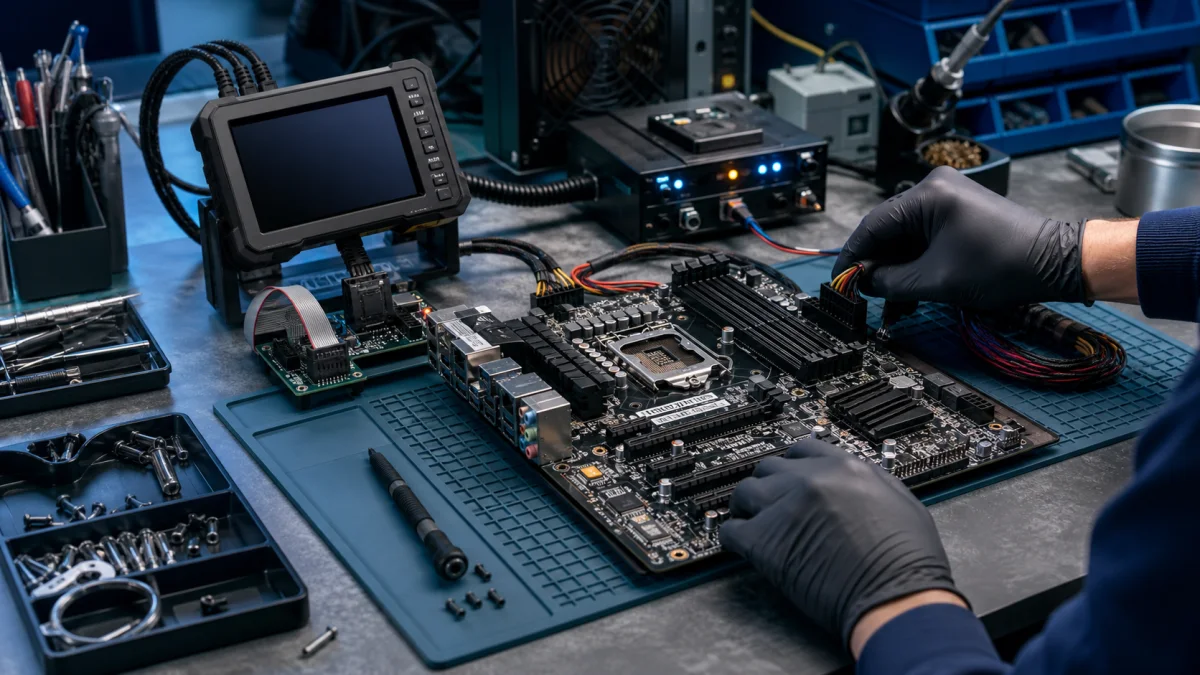 BIOS update diagnostics on a motherboard service bench