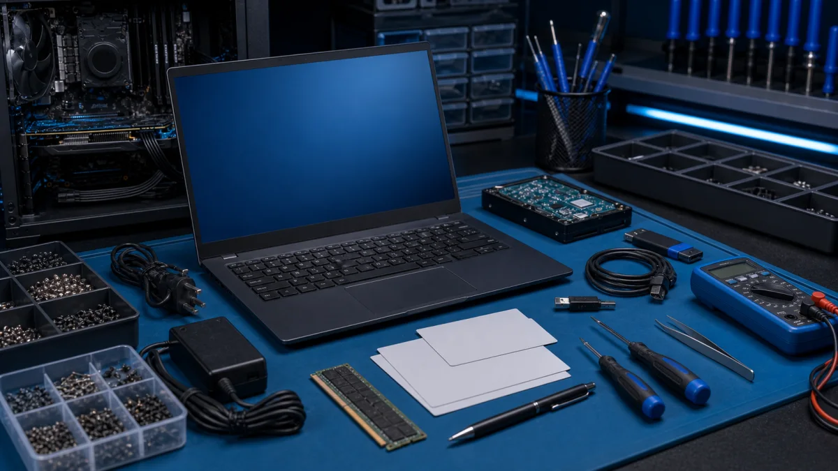 Trusted computer expert repair bench with open laptop and tools, no faces